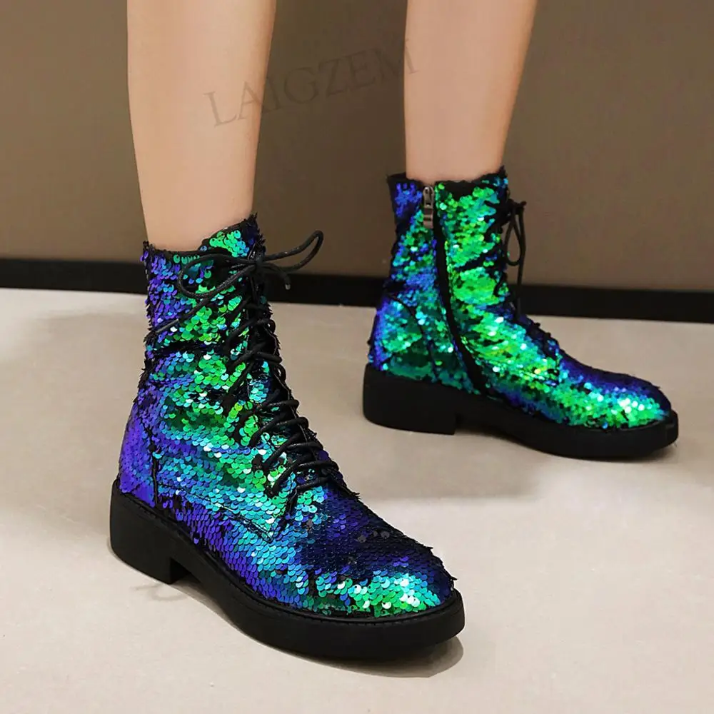 LAIGZEM Women Ankle Boots Sequined Glitter Square Heels Short Booties Side Zip Ladies Female Shoes Woman Large Size 33 41 42 43