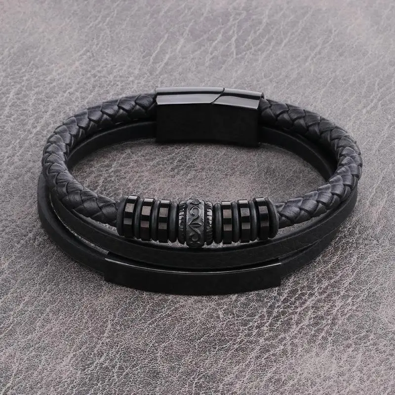 Fashion Men's Leather Bracelet Multi-layer Leather Stainless Steel Metal Luxury Bangles Accessories Male Birthday Gift