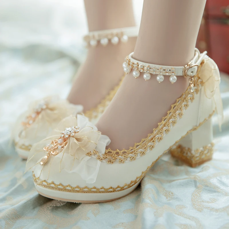 Tea Party Sweet Female Lolita Wedding Shoes Diamond Lace Bow Slingbacks Pumps Pointed Toe Ankle Strap Sandals Japanese Lolita