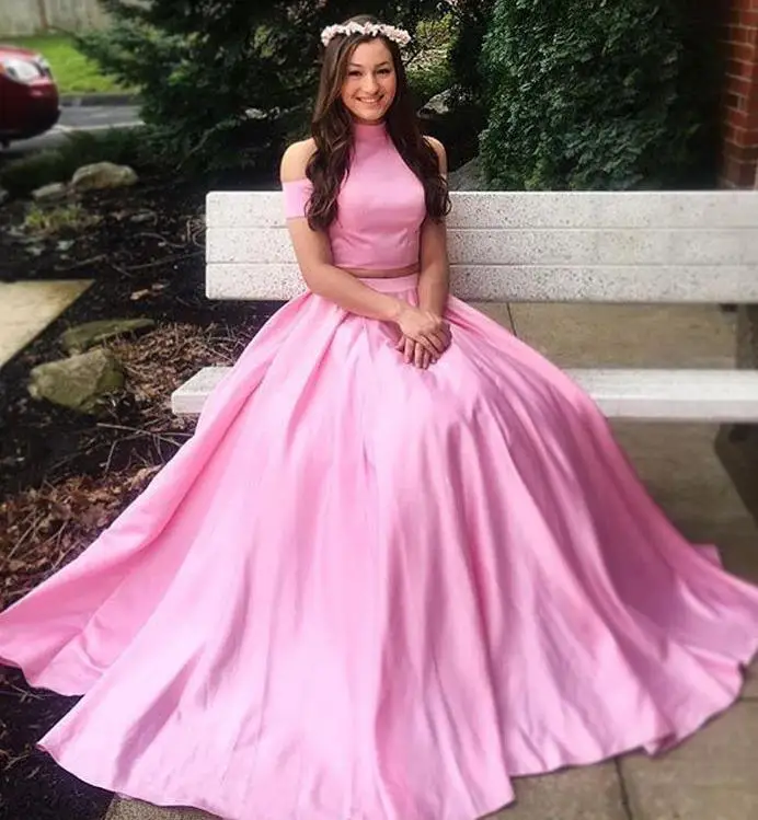 Walk Beside You Mint Green Prom Dresses 2024 Pink Two Pieces Satin High Neck A Line Long Sweep Train Off Shoulder Evening Gowns