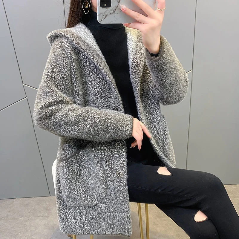 2021  Female Autumn  Winter New Product Imitation Mink Velvet Jacket Women Mid-length Cardigan Pocket Casual Thin Mother's A355