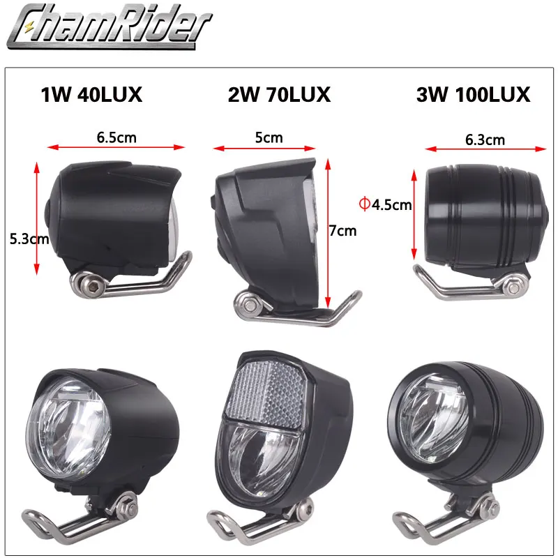 Universal Bicycle Headlight, Electric Front Light, Headlamp, E-Bike, 6V-80V, 24V, 36V, 48V, 1W, 2W, 3W, 40, 70, 100 LUX