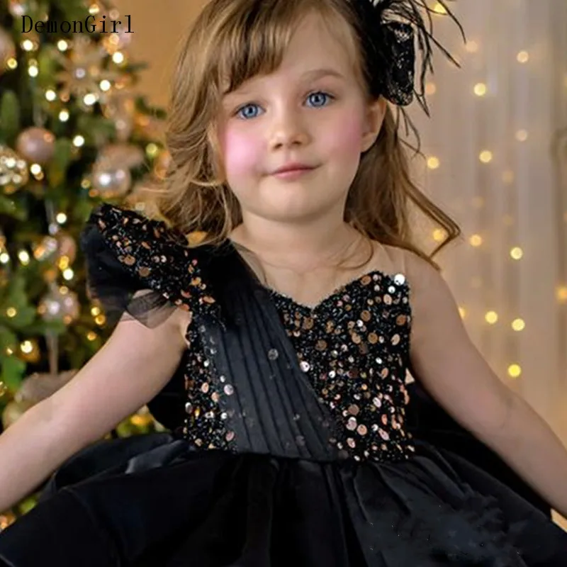 Glitter Sequins Fluffy Flower Girl Dress Princess Black Organza First Communion Dress Little Bride Dress Girl Birthday Dresses