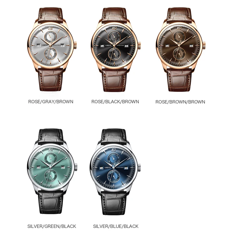 LOBINNI Top Brand Luxury Men Watch Rose Gold Case Genuine Leather Strap Automatic Mechanical Watches Date Week Month Clock