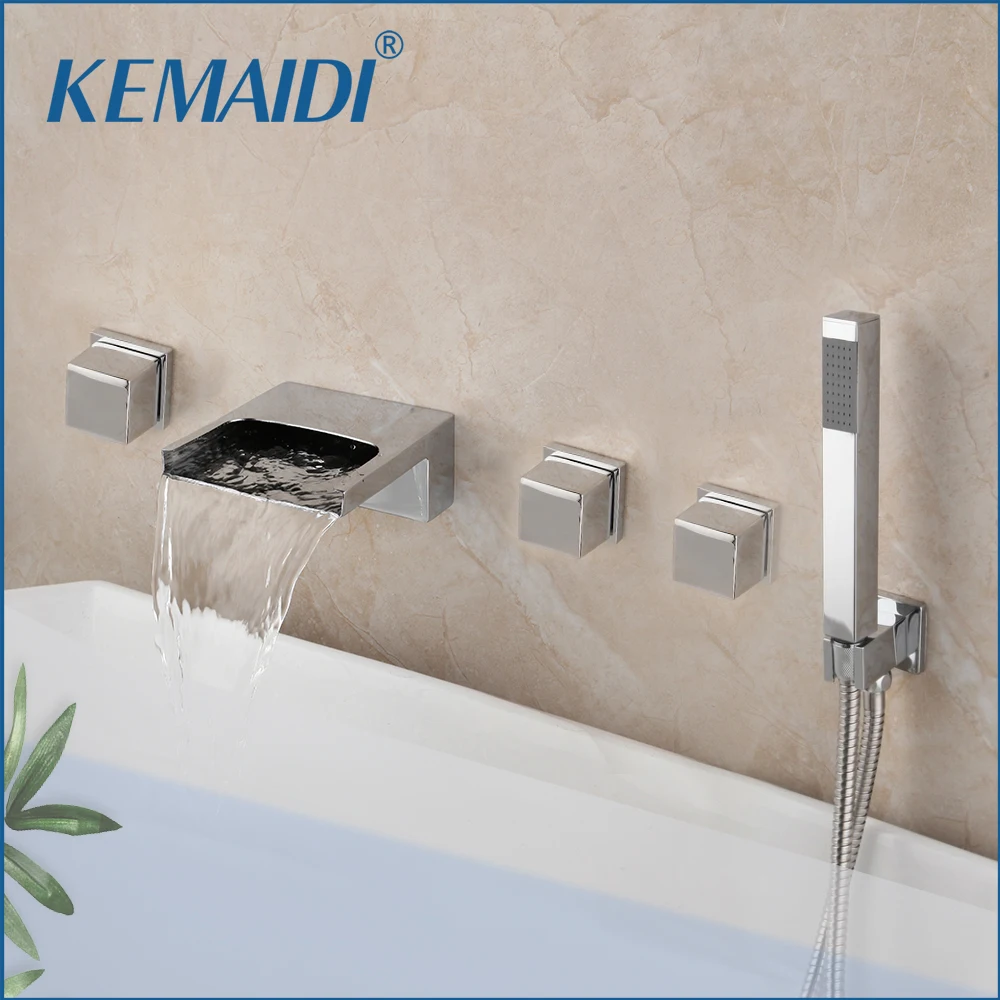 KEMAIDI Solid Brass Bathroom Bathtub Waterfall Roman Tub 3 Handles 5pcs Faucet Mixer Taps Filler Faucet Handshower Chrome