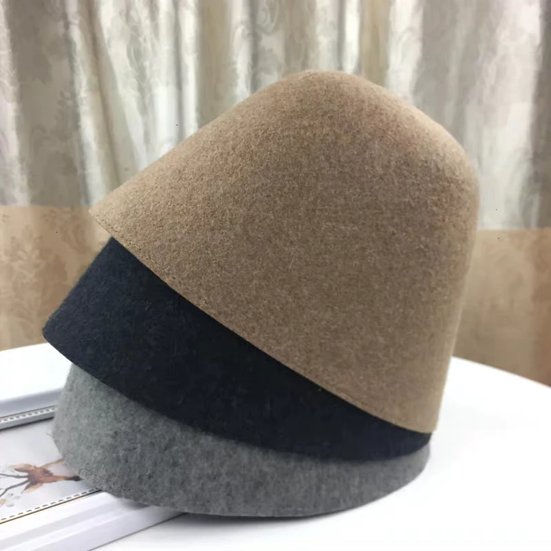 Autumn Winter Fashion Women Pure 100%Wool Fedoras Bucket Cap Visor Folding Fishing Bucket Hat High Quality Fashion Felt Hat