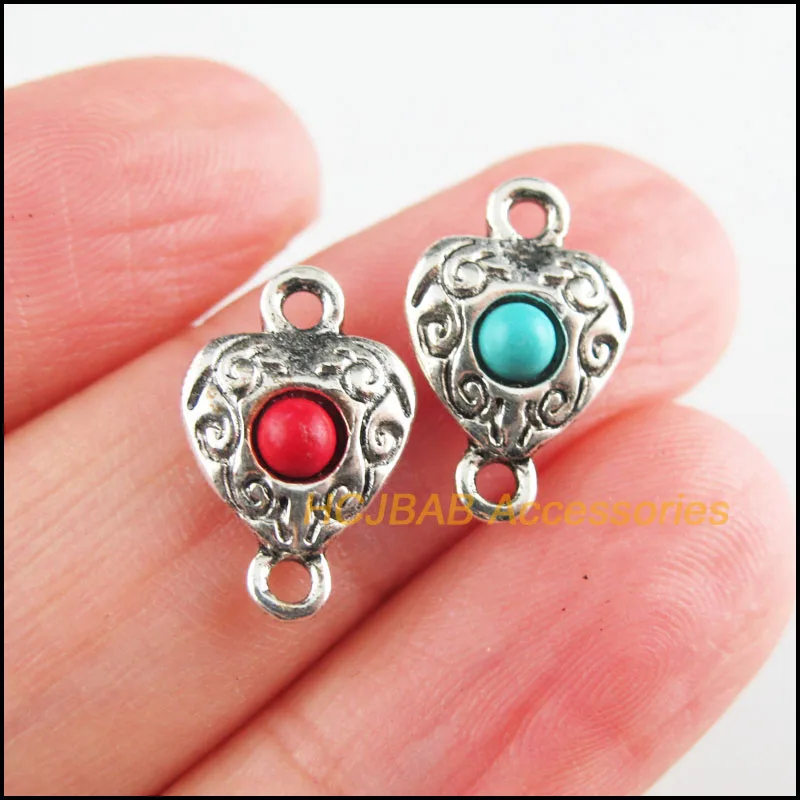 20Pcs Tibetan Silver Tone Flower Red & Blue Stone Heart Charms Connectors 10x15mm