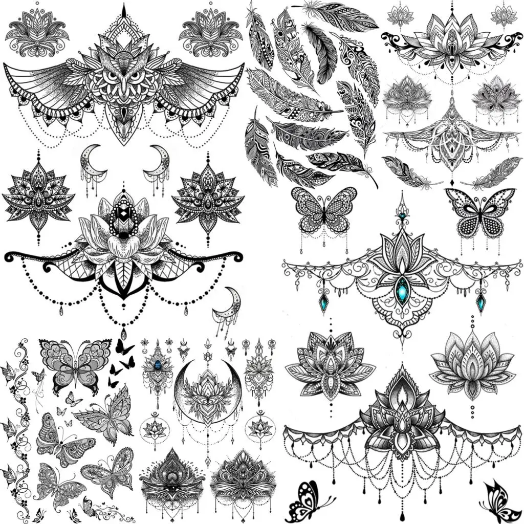 YURAN Women Girl Big Arm Owl Fake Tattoo Temporary Henna India Tatoo Stickers Custom Mandala Flower Black Turtle Tattoos Lace