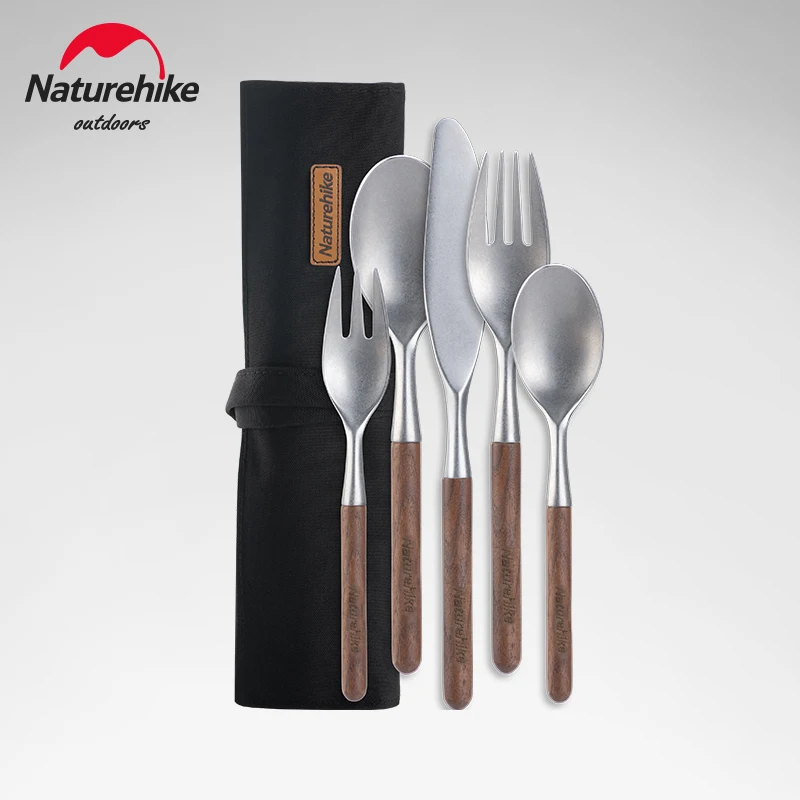 

Naturehike Outdoor Stainless Steel Tableware Wooden Portable Kitchen Set Camping Picnic Knife Fork Spoon BBQ Noodle Cooking Tool