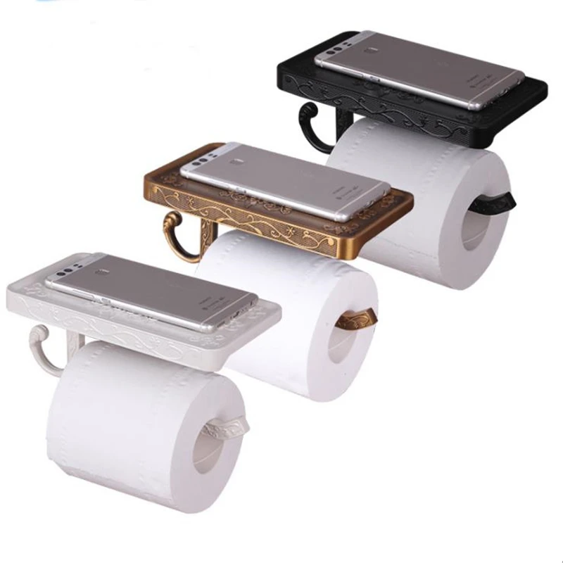 Bathroom Hardware Set White Paper Mobile Phone Holder Space Aluminum Antique Roll Holder with Shelf Toilet Paper Box Wall Mount