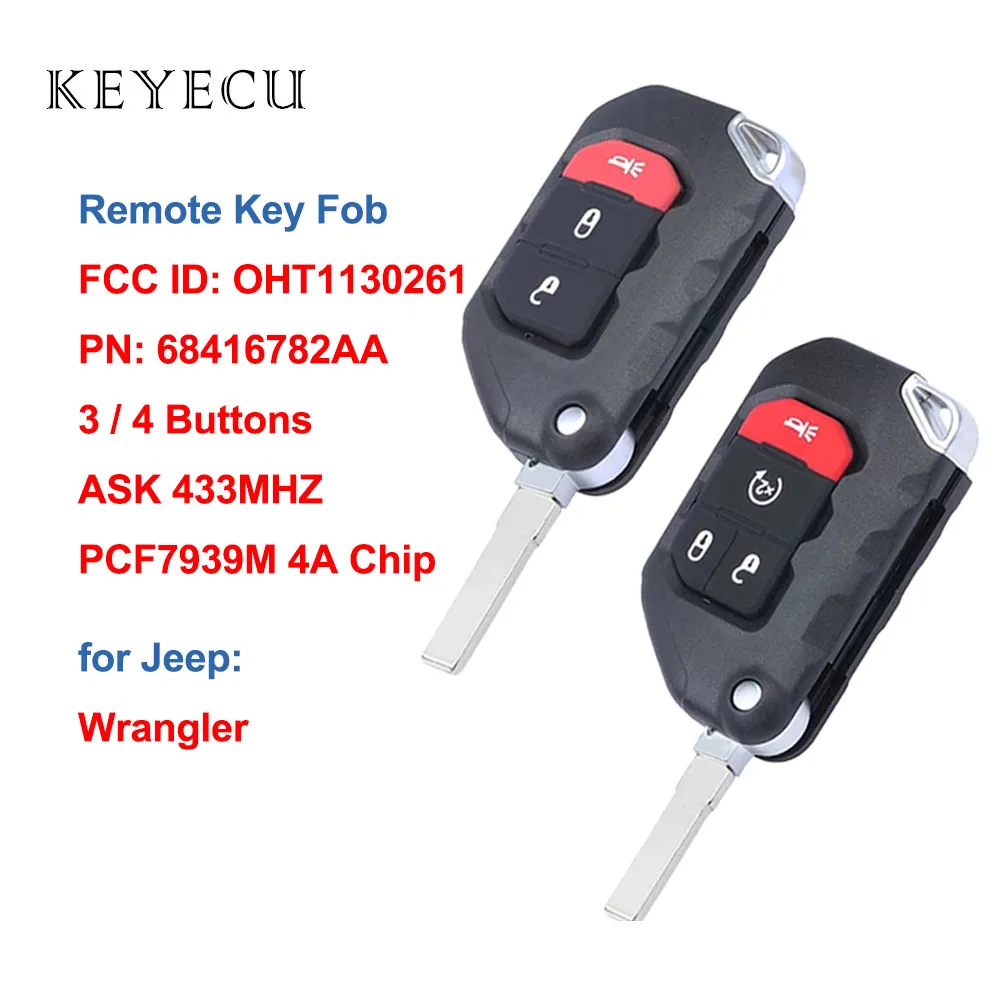 

Keyecu Flip Remote Control Car Key Fob ASK 433MHZ PCF7939M 4A Chip for Jeep Wrangler 2018 2019 FCC ID: OHT1130261 PN: 68416782AA