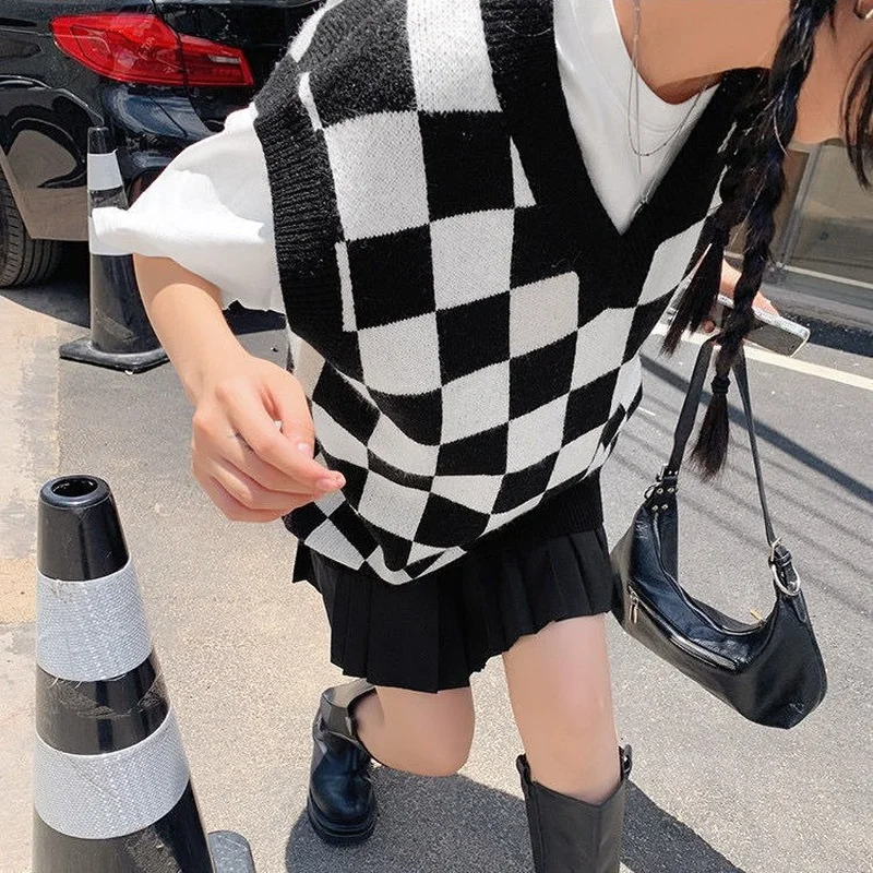 Plaid Pullover Weste Frauen Streetwear Vintage Lose Koreanischen Stil V-ausschnitt Studenten Damen Frühling Herbst Alle-spiel Weibliche Chic Ulzzang