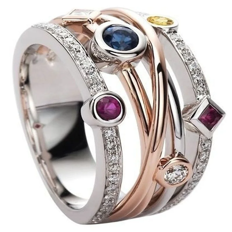 Exquisite 925 Sterling Silver Lady Cross Two Color 18K Rose Gold Gem Fashion Sapphire Amethyst Diamond Ring size 5-11