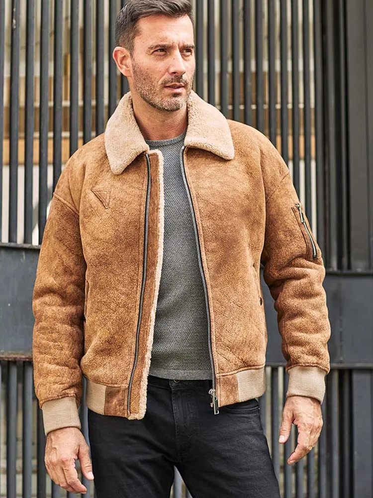 New Mens Sheepskin Shearling Jacket Short Fur Coat Slim Leather Overcoat Winter Casual Outwear