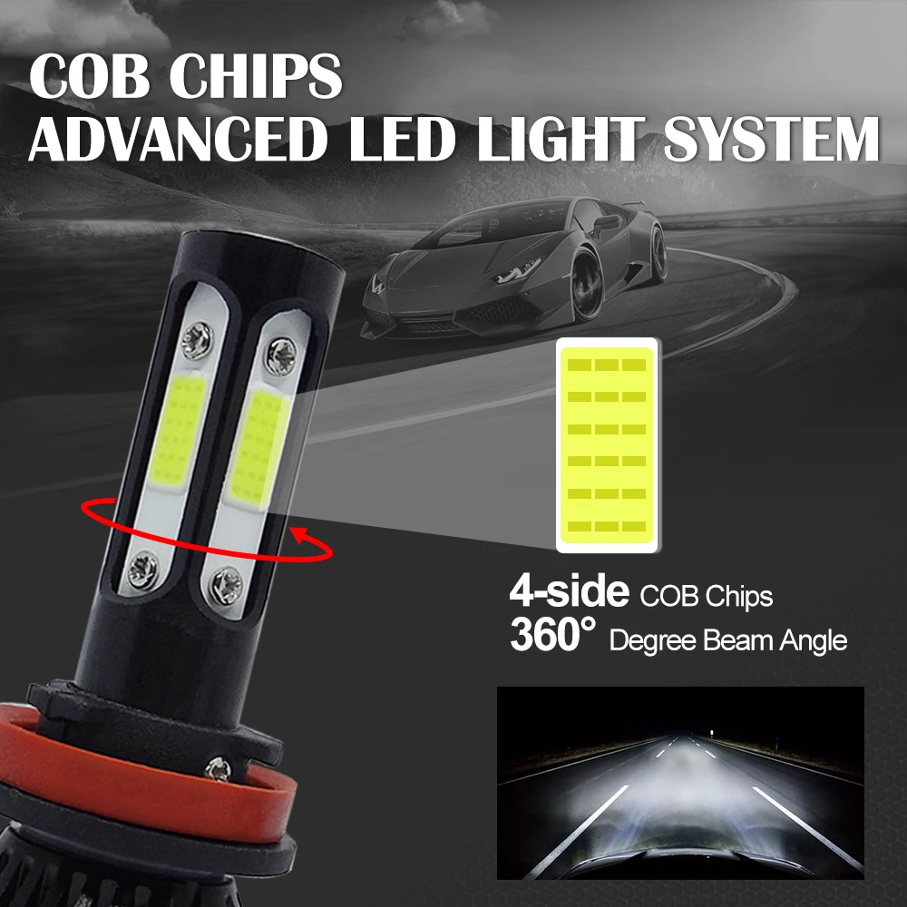 2Pcs Super Bright Mini LED H9 HB3 9005 HB4 9006 H11 H7 H8 4Sides Headllamp100W 20000LM 6000K 12V 8000K Car Headlight Bulbs