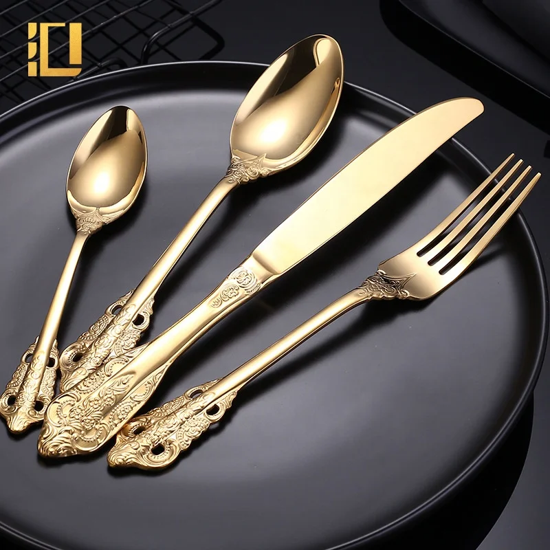 4pcs/set Baroque Style Royal Cutlery Set Gold Luxury Dinnerware Stainless Steel Knife Fork Spoon Tableware For Dishwasher Safe