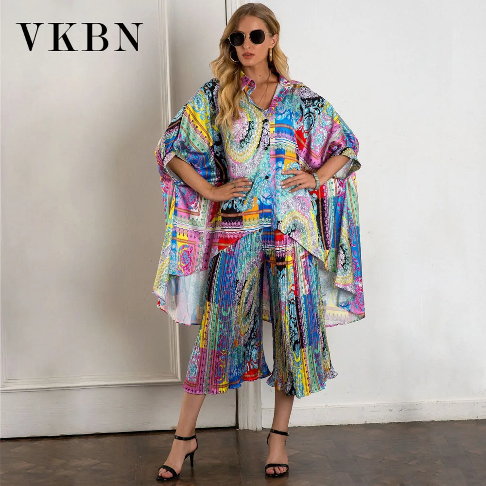 

VKBN-Top and Pants for Women, Elastic Wais, Rainbow Print, Ruched Straight Trousers Suit, Plus Size, Summer, 2 Pcs Set