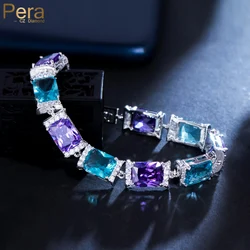 Pera Classic Blue Purple Crystal Silver Color Square Cut CZ Link Chain Bracelets Bangles for Best Friend Party Jewelry Gift B233