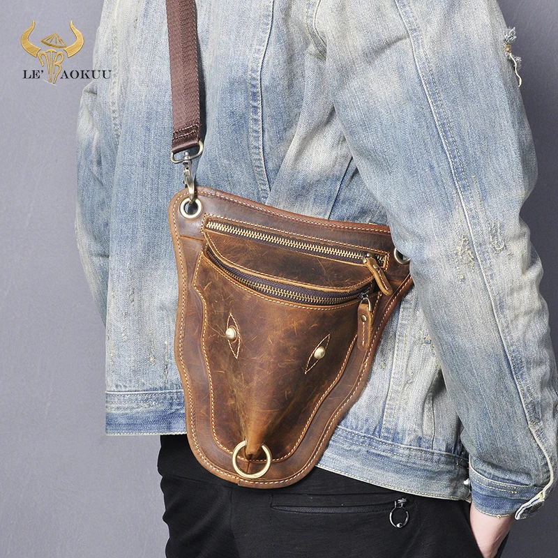 Genuine Real Leather Men Design Casual Brown Classic Shoulder Sling Bag Fashion Travel Fanny Waist Belt Pack Leg Bag 833