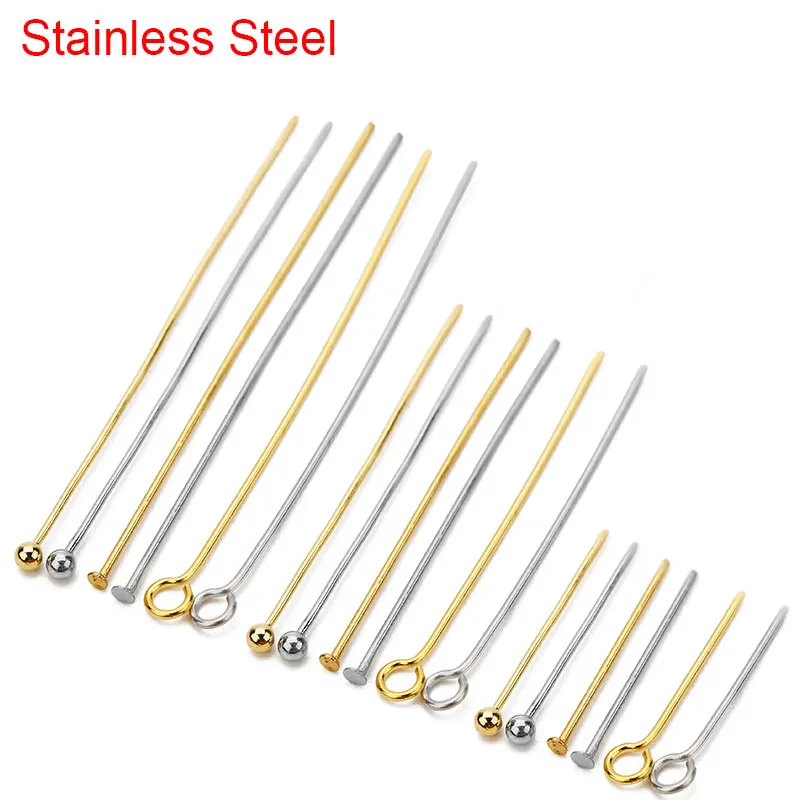 100pcs Stainless Steel Eye Flat Head Pins Needles Bulk 20mm 30mm 40mm Gold Color Ball Bead Headpins Connector For Jewelry Making