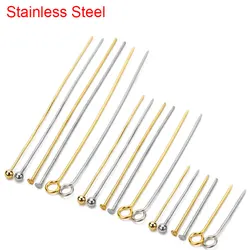 100pcs Stainless Steel Eye Flat Head Pins Needles Bulk 20mm 30mm 40mm Gold Color Ball Bead Headpins Connector For Jewelry Making