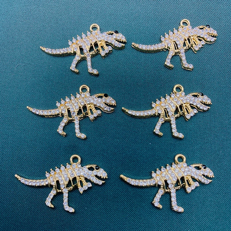 10Pcs Gold Color Dinosaur Skeleton Charms Shiny Rhinestone Animal Pendant For Necklace Earrings DIY Jewelry Making Accessories