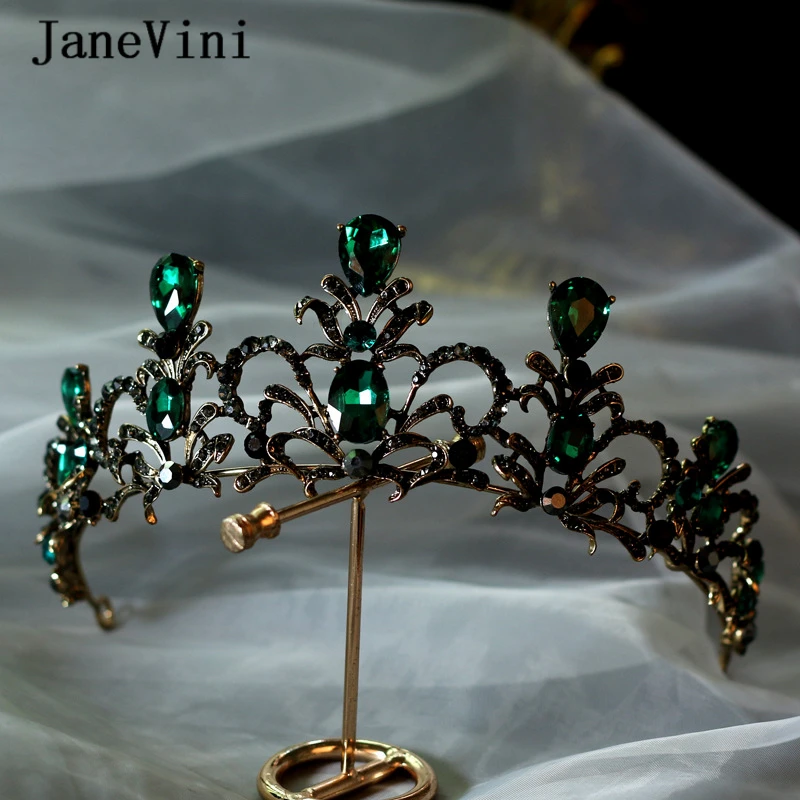 

JaneVini Vintage European Green Crystal Bridal Tiaras Women Pageant Crowns Rhinestone Baroque Wedding Jewelry Hair Accessories