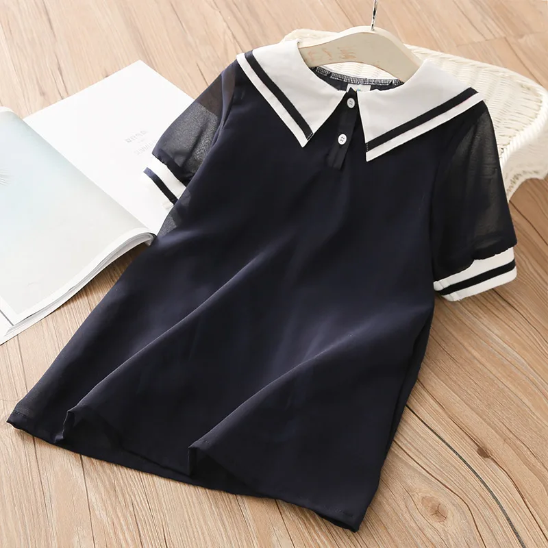 2025 Summer Military Style 3 4 6 8 10 Year Children Short Sleeve Sailor Collar Patchwork Navy Blue Kids Baby Girl Chiffon Dress