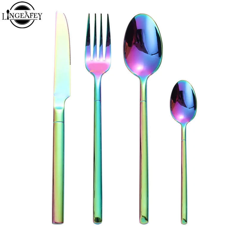 

24pcs/set Cutlery Dinnerware Set Cubiertos Rainbow Silverware Set Dinner Fork Tea Spoon Kitchen Service Knife Set Dropshipping