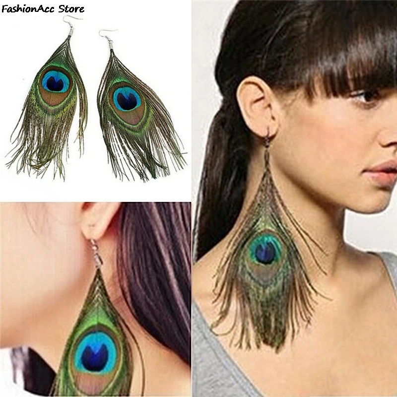 1 Pair Long Design Statement Crystal Peacock Feather Drop Earrings For Women Bijoux