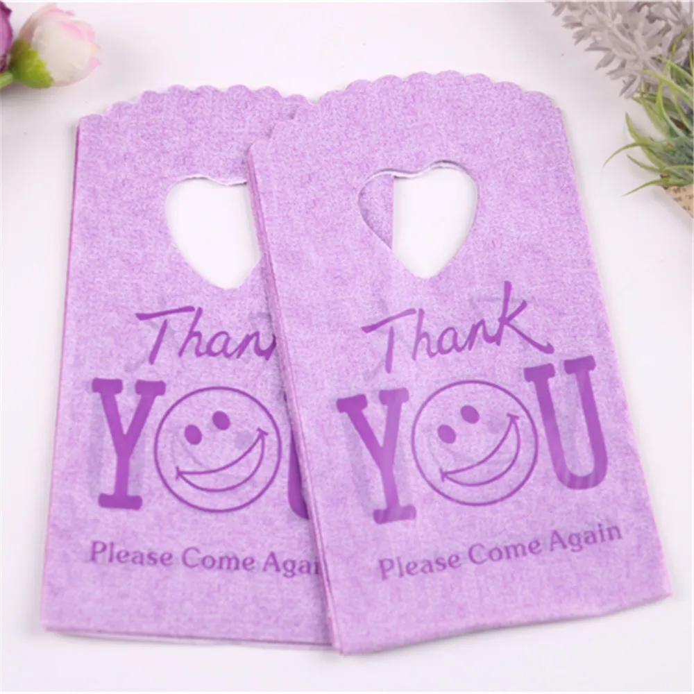 Hot Sale Purple Cute Small Candy Gift Bags Wholesale 50pcs/lot 9*15cm Mini Thank You Shopping Bags with Smile Face