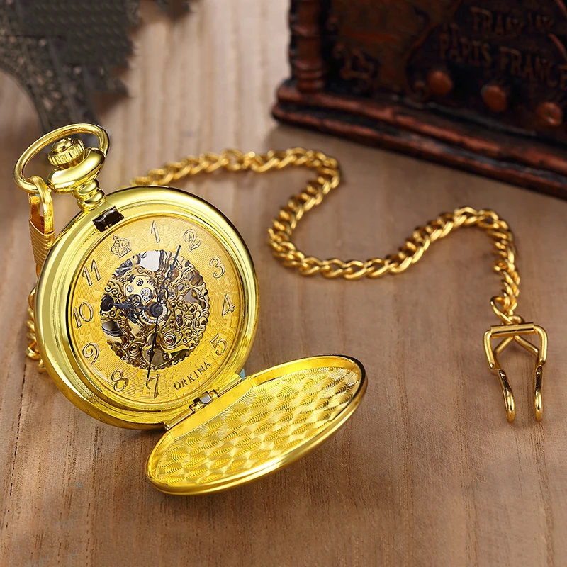 Roman Numeral Luxury Mechanical Pocket Watch Smooth Gold Skeleton Case Dial Male Fob Chain Clock for Men Male Women Dropshipping