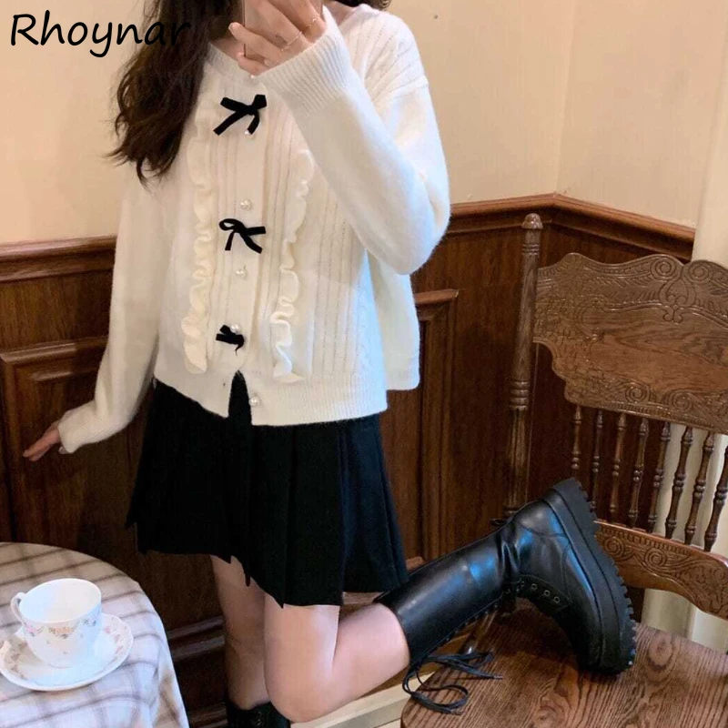 Cardigan Women Spring Knitwear Kawaii Bow Japanese Style Long Sleeve Loose Lazy Solid Trendy Vintage All-match Basic O-neck Chic