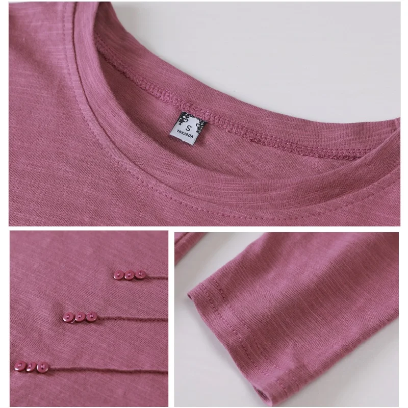 2023 Spring Summer Long Sleeve Women Bamboo Cotton Casual Solid T-Shirt Female Loose Fashion Button T Shirts O-Neck Purple Tops