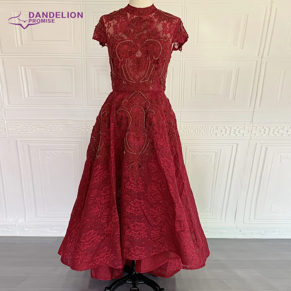 Luxury High Neck Asymmetrical Evening Dresses 2020 Cap Sleeves Lace Beading Muslim Prom Gowns For Women