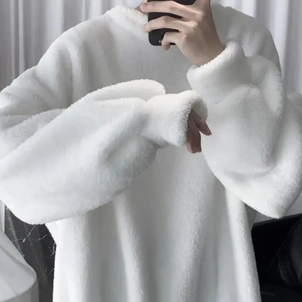 Korean Style Men Sweatshirt Solid Color O Neck Loose Cozy Keep Warm Winter Top Loose Men\'s Men Men Hoodie pullovers Streetwear