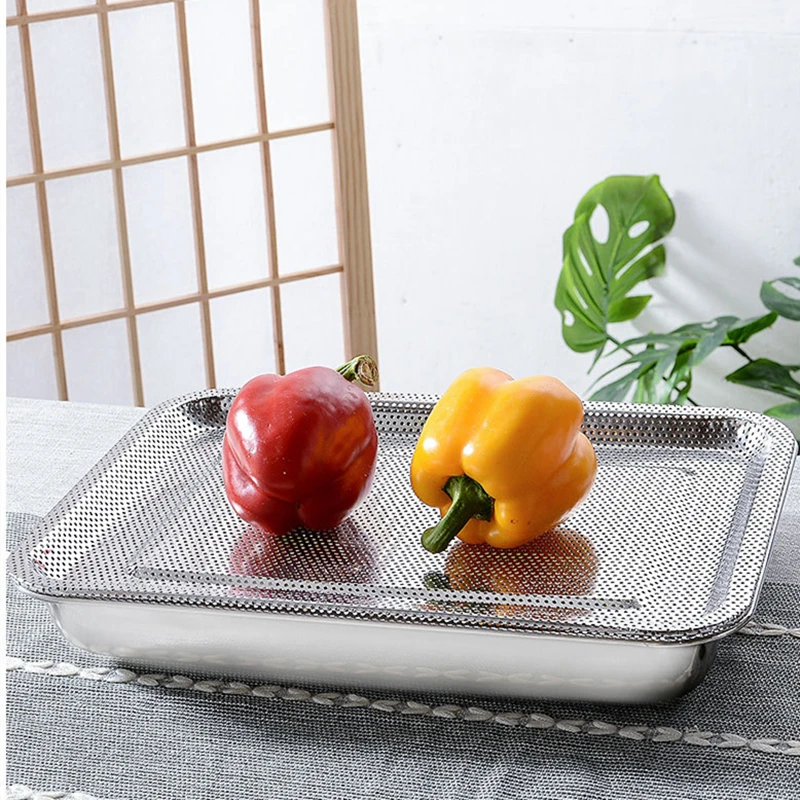 Thickened Stainless Steel Dense Hole Drain Tray Rectangle Frying Oil Filter Pan Fruit Vegetable Storage Dish Kitchen Accessories