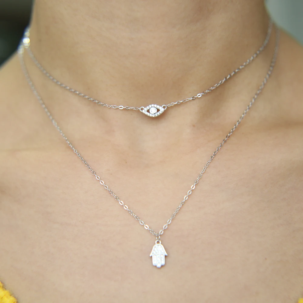 New Sexy Women Jewelry Lucky Hamsa Hand Evil Eye Cham Drop Silver Color Paved Cz Jewelry Double Layer Necklace Real 925 Silver