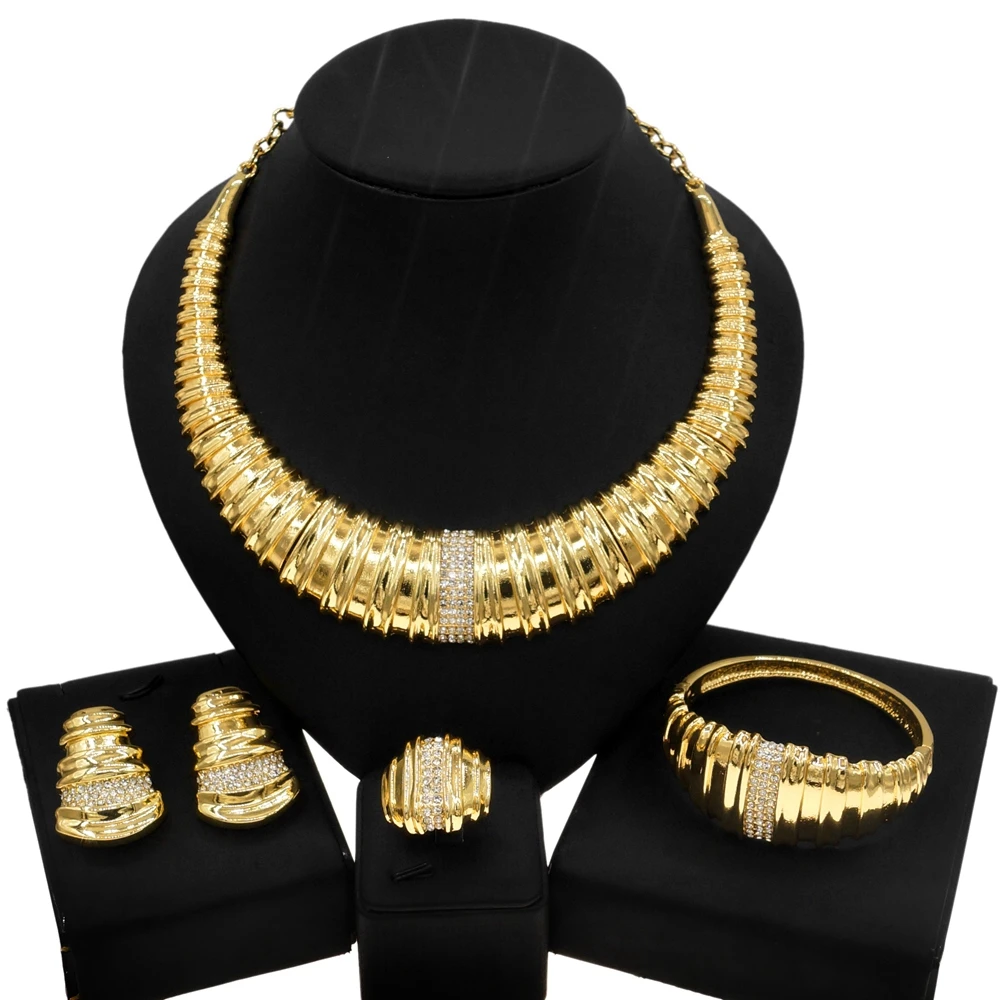 Latest Fashion Italian Gold Plated Jewelry Set Elegant Charm Ladies Dinner Party Large Earrings Bracelet Party Jewelry Yulaili