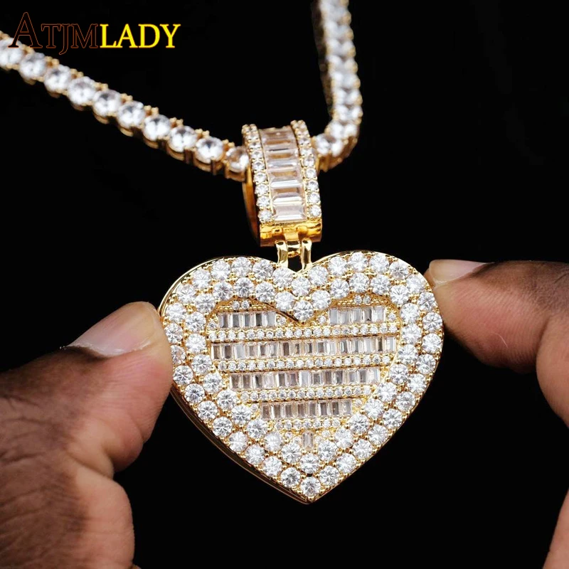 Ciondolo con ciondolo a forma di cuore con medaglione ghiacciato può essere aperto foto fai-da-te Hip Hop 5A Cubic Zirconia CZ collana a catena da