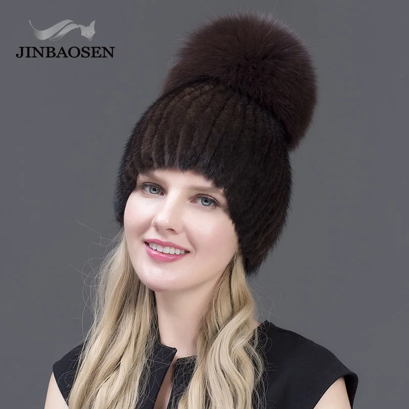 JINBAOSEN Real Mink Fur Hat for Winter Women Imported Knitted Mink Cap with Fox Fur  New Hot Sale High Quality Women Beanies