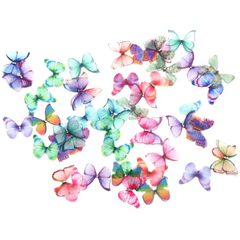 

50Pcs Gradient Color Organza Fabric Butterfly Appliques 38Mm Translucent Chiffon Butterfly for Party Decor, Doll Embellishment