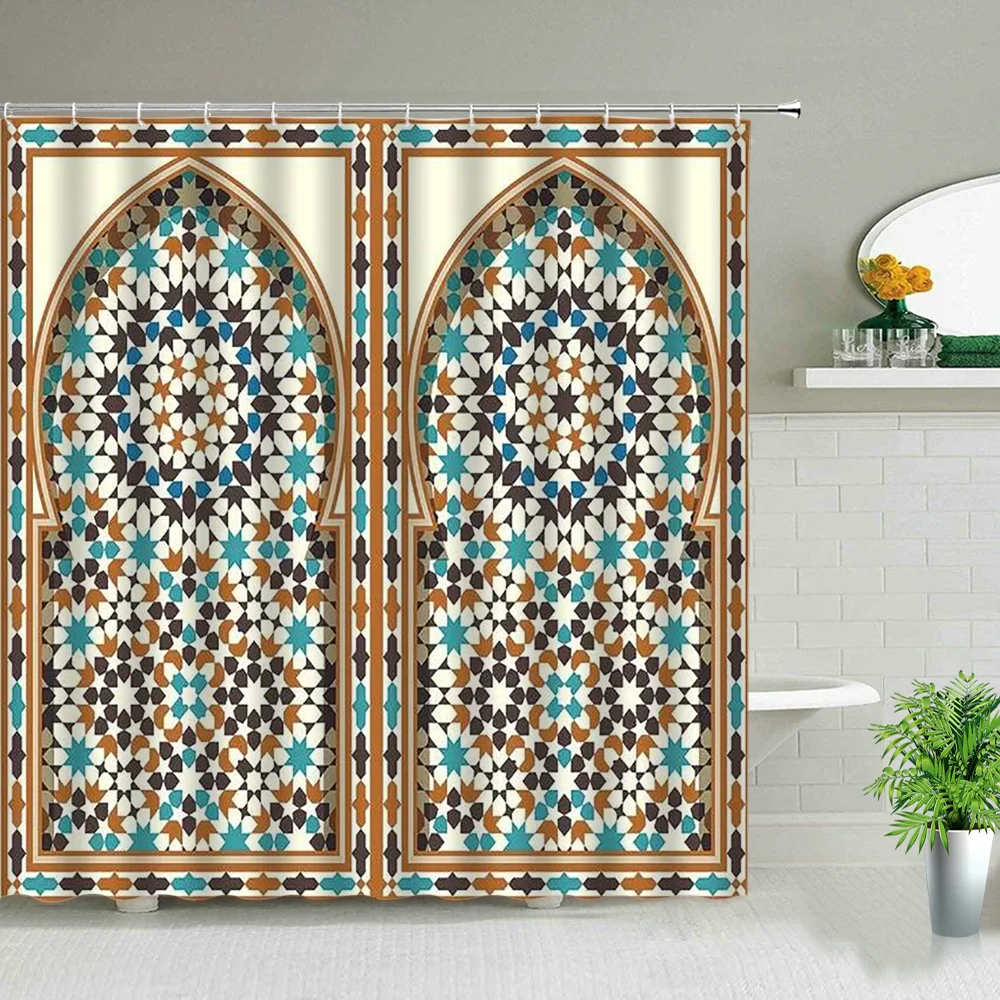 Moroccan Shower Curtain Set Aged Gate Geometric Pattern Doorway Design Entrance Architectural Oriental Style Bathroom Curtains