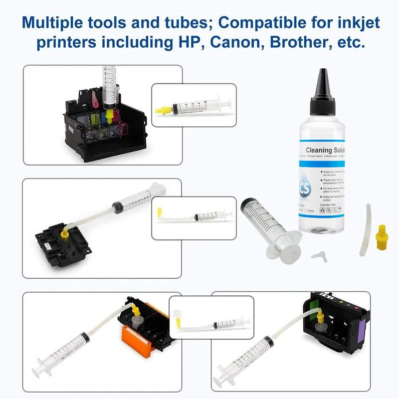 Solución de limpieza de impresora, limpiador de cartuchos de tinta, limpiador de cabezal de impresión, líquido de limpieza y herramientas para HP /