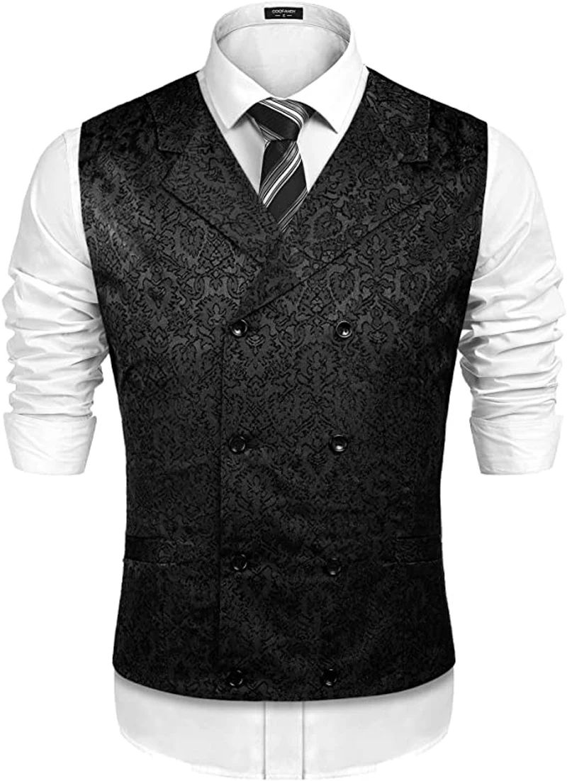 Men's Damask Floral Double Breasted Vest Lapel Victorian Era Vest Steampunk Slim Vest