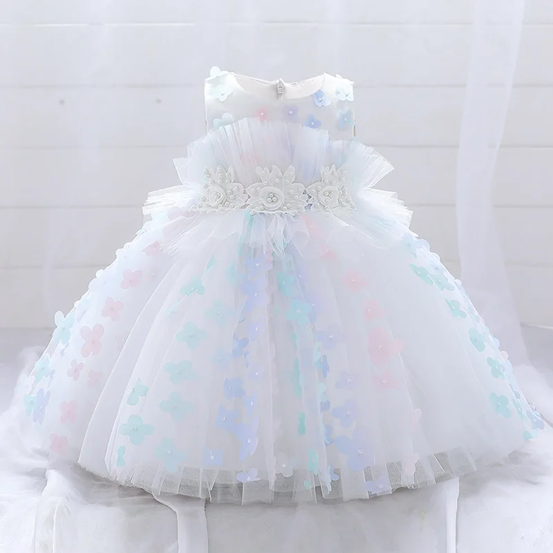 White Pink Baby Lush DressToddler Girl Flowers Baptism Dress For 1 Years Birthday Party Wedding Princess Dress Kids Clothes