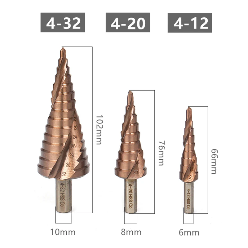 Free Shipping HSS M35 Cobalt Step Drill Bits 4-12/4-20/4-32mm Hole Saw Kit Spiral Groove Triangle Hex Shank For Stainless Steel