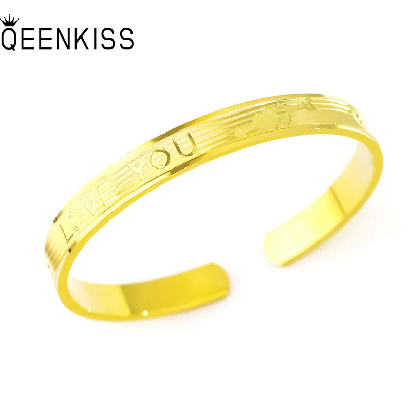 

QEENKISS BT5104 Fine Jewelry Wholesale Fashion Woman Girl Bride Mother Birthday Wedding Gift Love 24KT Gold OpenBracelet Bangle