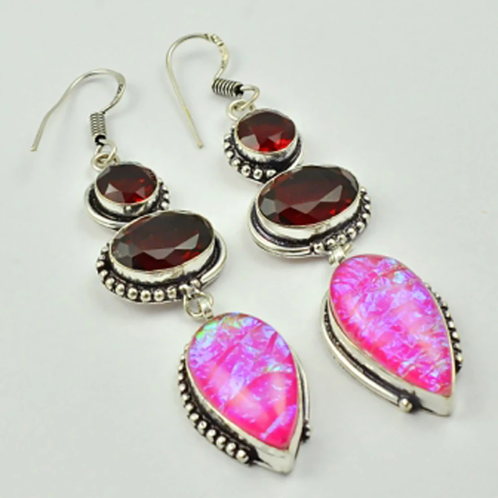 Dichroic Glass & Garnets ,  Silver Overlay on Copper Earrings, 75 mm , E2369