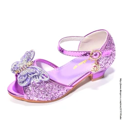 Princess Kids Leather Sandals Girls Bow Casual Glitter High Heel Butterfly Knot Children's Shoes
